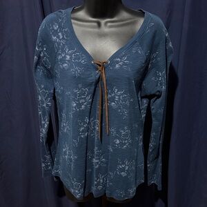 Chaps Blue Floral Lace-Up Blouse